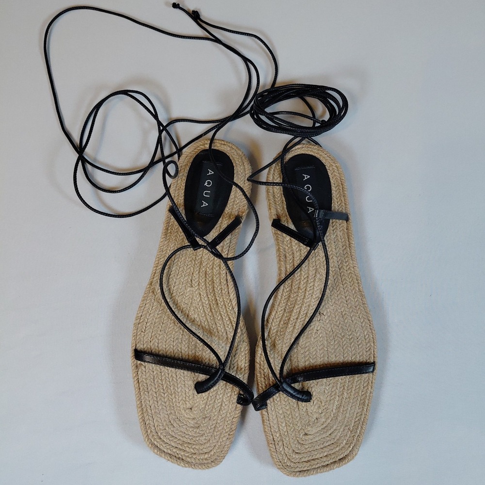 AQUA Espadrille Sandals 10 Black Leather Lace Up Espadrille Square Toe Loop Jute